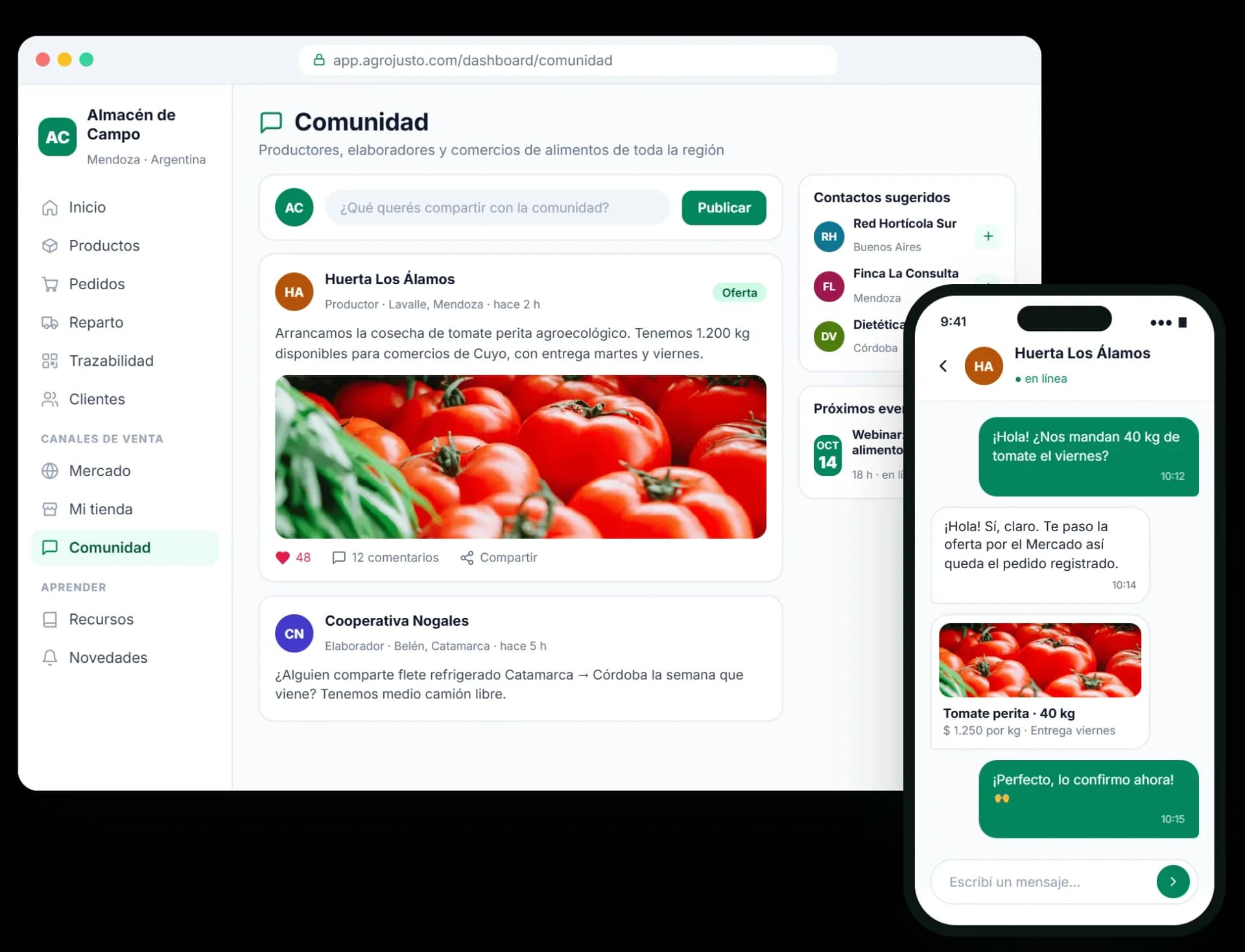 Comunidad de Agrojusto: publicaciones de productores y chat con comercios