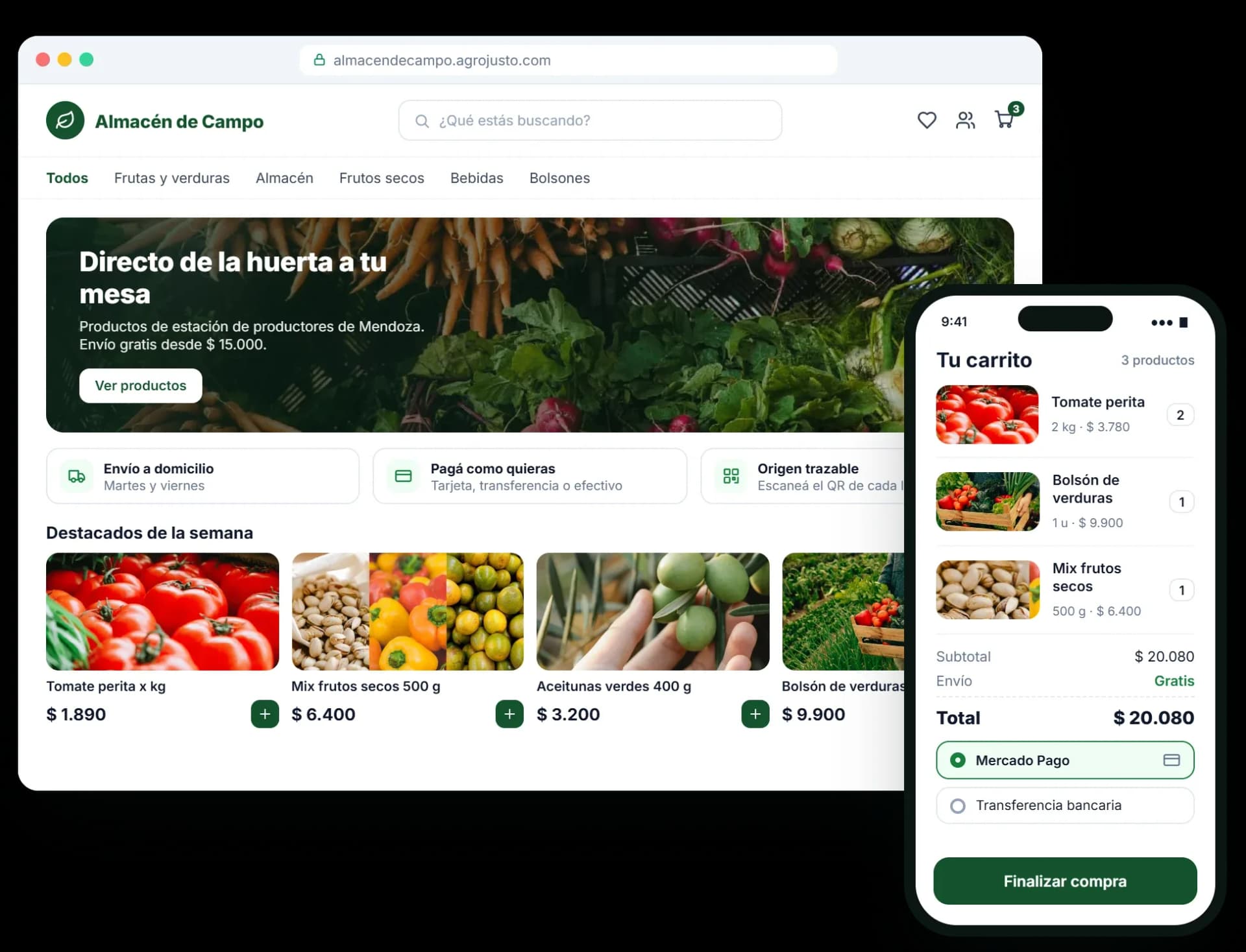 Tienda en línea de alimentos hecha con Agrojusto, con carrito y medios de pago